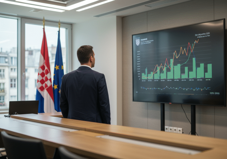 A Croatian government economic official or a representative from the Državni zavod za statistiku (DZS) stands in a modern, brightly lit conference room in Zagreb during daytime. The official, dressed in professional business attire, looks confidently towards a large digital display showing charts and graphs indicating positive economic trends, such as growth in exports and reduction in deficit. A subtle, blurred Croatian flag is visible in the background, adding to the professional and national context. The scene conveys a sense of optimism and official announcement.