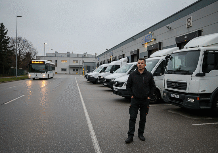 An overcast afternoon scene at a quiet industrial park in Croatia. A Croatian man in his late 40s, dressed in practical work attire, stands thoughtfully near a cluster of modern light commercial vans and a few larger, heavy-duty trucks parked at a logistics facility. The loading bays behind them appear mostly empty, and the vehicles seem underutilized, conveying a sense of reduced activity in commercial freight. In the background, a sleek, new-model public transport bus or tour coach drives by on a well-maintained road, its presence indicating ongoing activity in that segment. The industrial buildings feature typical Croatian architecture, and the overall lighting is muted, reflecting the economic context.