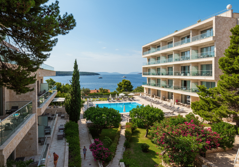 A modern, recently expanded luxury hotel stands prominently on the Croatian Adriatic coastline during a bright mid-summer day. The architecture features clean lines, light-colored stone, and large glass windows, complementing the natural beauty of the Dalmatian coast. Terraces and balconies of the hotel overlook the sparkling blue sea, with several yachts visible in the distance. Lush Mediterranean greenery, including cypress trees and bougainvillea, surrounds the property. A few casually dressed tourists are seen on the balconies, by a large outdoor pool, or walking along well-maintained paths, enjoying the warm weather and the vibrant atmosphere of the increased accommodation capacity in Croatia.