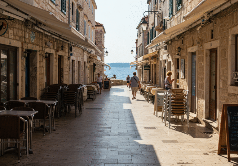 A quiet, sunlit promenade in a historic Croatian coastal town during May 2025. Empty or sparsely occupied outdoor seating areas of cafes and restaurants line the stone pathway, with a few stacked chairs visible. The clear blue Adriatic Sea is visible in the background under a bright sky. A handful of local residents or service staff are seen, but there is a distinct absence of the usual bustling crowds of international tourists, conveying a subdued atmosphere reflecting the significant decline in foreign visitors and overnight stays.
