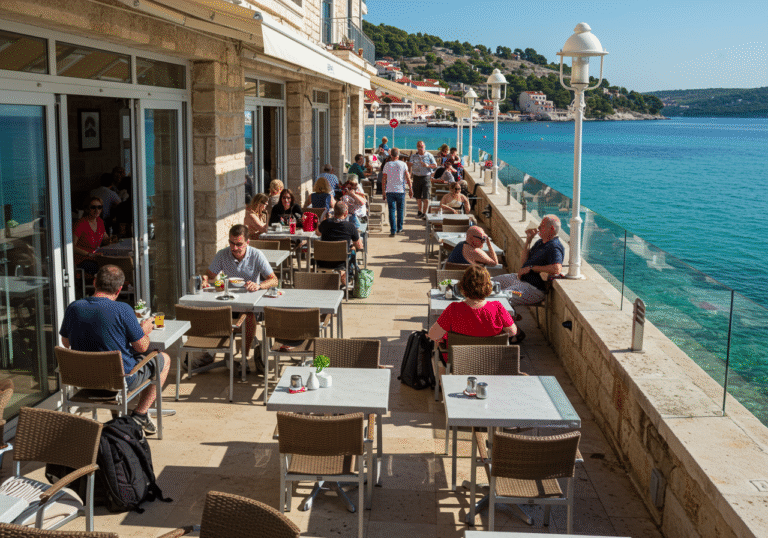 A vibrant early spring scene on the Croatian coast, with foreign tourists enjoying the mild, sunny weather at an outdoor cafe. People are casually dressed, conversing and relaxing at stylish tables, some overlooking the clear turquoise Adriatic Sea. The architectural details of the building reflect modern Croatian design, indicating recent investments in tourism infrastructure. The atmosphere is calm and inviting, showcasing the success of Croatia's growing pre-season tourism.