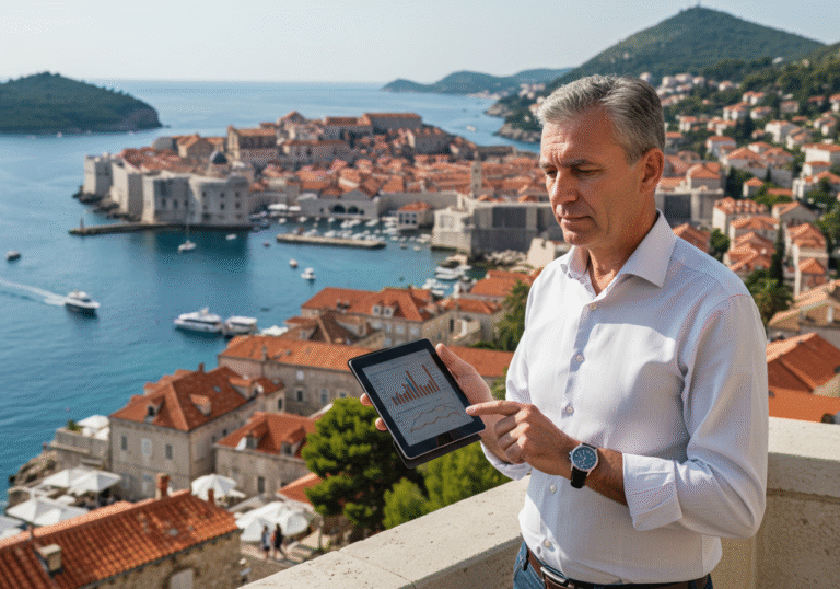 A thoughtful Croatian hotelier or tourism executive, mid-50s, dressed in a light-colored business shirt, stands on a sunny, upscale hotel terrace in Dubrovnik, overlooking the azure Adriatic Sea and the ancient city walls. They hold a small digital tablet displaying charts or a spreadsheet, their gaze fixed on the screen with a serious, contemplative expression. In the blurred background, a few scattered tourists enjoy the view, subtly emphasizing the ongoing, yet challenged, tourism season. It is a bright summer afternoon, clear skies, natural light. Editorial photography.