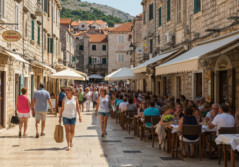 A vibrant, bustling street scene in a Croatian coastal town on a bright, warm July afternoon. Tourists are seated at outdoor restaurant and cafe terraces, enjoying meals and drinks, while others stroll along the promenade, some carrying shopping bags. The scene is filled with a diverse mix of people casually dressed for summer, set against the backdrop of traditional stone buildings and Mediterranean architecture. Natural sunlight illuminates the lively atmosphere, reflecting economic activity.