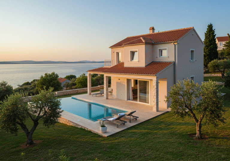 A newly built, elegant private villa with a light-colored facade and a traditional terracotta tile roof, situated on a gently sloping hillside in Zadar County, Croatia. The villa features large glass sliding doors opening onto a spacious patio with an infinity pool that seamlessly blends into the horizon of the calm, clear Adriatic Sea. Lush, well-manicured Mediterranean gardens with olive trees and cypress dot the property. The scene is bathed in warm, golden late afternoon sunlight, emphasizing the modern design and inviting atmosphere of the newly expanded tourist accommodation. The sky above is clear and blue, characteristic of a pleasant mid-July summer day on the Croatian coast.