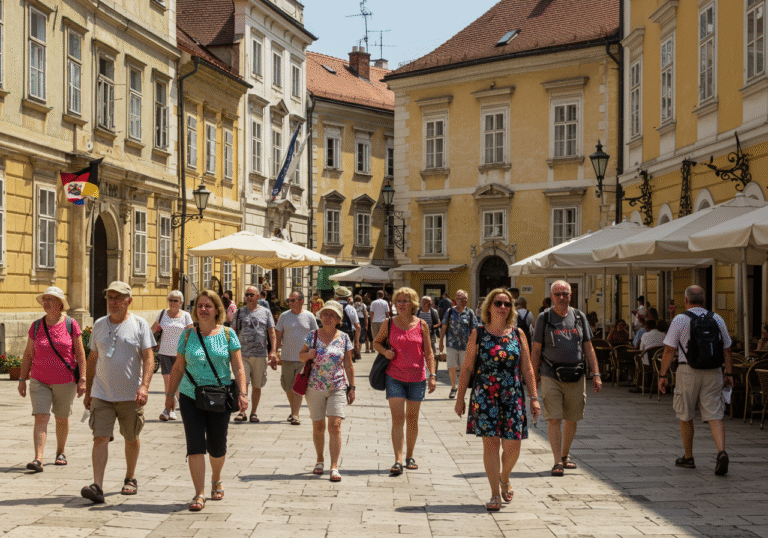 A vibrant outdoor scene in July in Zagreb, Croatia. A diverse group of international tourists, including visitors from Germany, the United States, and Spain, stroll through a lively, sunlit historic square or cobblestone street. They are casually dressed in summer attire, some with cameras or exploring local shops. Surrounding them is characteristic Austro-Hungarian architecture with colorful facades and inviting outdoor cafes. The mood is relaxed and enjoyable, capturing Zagreb's appeal as a thriving, year-round cultural destination. Bright, clear summer afternoon light.