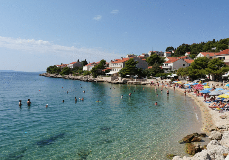 Daytime wide shot of a scenic beach in Croatia during July. Tourists are visible enjoying the clear blue Adriatic Sea and the warm summer weather, some on sun loungers under umbrellas, others wading or swimming. The atmosphere is pleasant and relaxed, not densely crowded, reflecting a slightly softer peak season. In the background, modern resort hotel buildings are visible among traditional Croatian coastal architecture, suggesting popular tourist areas in Istra or the Split-Dalmatia County. The sunlight is bright and natural, casting soft shadows, capturing the typical mid-summer look of the Croatian coast.
