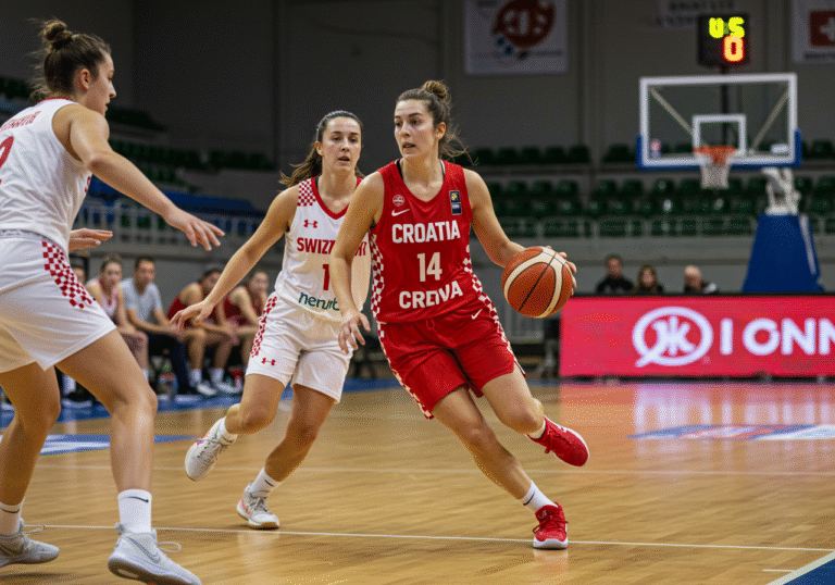 A Croatian U20 women's basketball player in a red national team jersey, possibly Nina Novak or Zara Valčić, confidently dribbles the ball down the court during a game against Switzerland at the Euro Championship B Division in Hungary. Her eyes are fixed on the basket, showcasing her determination. A Swiss player in a contrasting team uniform attempts to defend. The brightly lit indoor basketball arena features a polished wooden court, with the atmosphere of an intense, high-stakes tournament match. This moment reflects the Croatian team's dominant performance that led to their 96:75 victory on August 4, 2025.