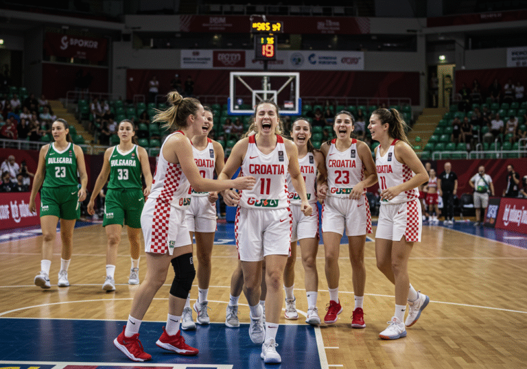 A triumphant Croatian U20 women's basketball team celebrating on the court of DVTK Arena in Miskolc, Hungary, on Sunday, August 10, 2025, late afternoon. Olivia Vukosa, in a white and red Croatian uniform, is at the center of the jubilant huddle, her expression full of elation after their 82-78 victory over Bulgaria, securing the bronze medal and promotion. Other Croatian players embrace around her. In the background, visible on the basketball court, a Bulgarian player, in her team uniform, walks off with a look of disappointment. The arena is brightly lit, with soft focus on the blurred crowd in the stands, capturing the raw emotion of the moment.