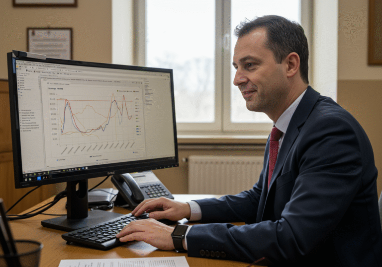A professional Croatian economist, mid-shot, seated at a desk in a well-lit, modern office. The economist is intently looking at a computer monitor displaying complex graphs and charts related to foreign trade data, with visible upward trends in exports and a shrinking trade deficit. A subtle, positive expression of focused analysis is on their face. The office environment suggests a government or statistical agency setting, with natural daylight filtering in from a window. Hints of Croatian identity, like official documents or a discreet flag, are present in the background.