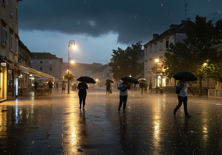 A rain-slicked street in a Croatian city at dusk, Thursday, August 21, 2025. Heavy, wind-driven rain lashes down, creating streaks on blurred windows and forming puddles. Dark, ominous storm clouds hang low in the sky, with a subtle hint of distant lightning illuminating the horizon. Pedestrians struggle against powerful gusts of wind, holding umbrellas that are on the verge of turning inside out. Some people seek hurried shelter under awnings of Croatian buildings. The scene conveys a sense of urgency and the immediate impact of a severe weather front, with scattered debris like small branches starting to appear on the wet pavement. Streetlights are beginning to flicker on, casting a dim, diffused light through the downpour.