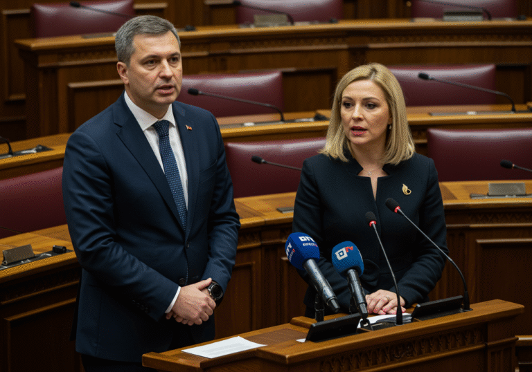 A Croatian male parliamentarian, representative of the green-left Možemo! political bloc, stands next to a female parliamentarian from the Social Democratic Party (SDP) in a formal chamber of the Croatian Parliament building in Zagreb. Both are dressed in dark business attire, their faces conveying a serious, determined expression as they address the press. They are advocating for the Croatian government to formally recognize Palestine and halt arms exports to Israel, citing the humanitarian catastrophe in Gaza. The setting is well-lit with professional, natural light, highlighting the gravity of the political appeal. In the background, the classic, dignified architecture of the Croatian Parliament is subtly visible.
