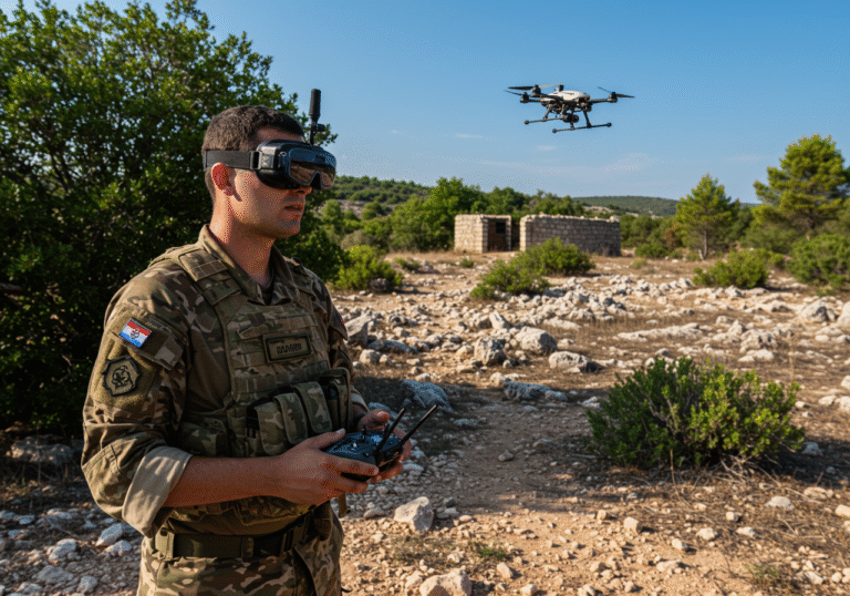 A Croatian Special Forces soldier in modern camouflage uniform, intently operating an FPV drone control system with goggles, during a military exercise in the rugged, rocky terrain near Knin, Croatia. The scene is set under bright, clear August daylight, casting sharp shadows on the sparse Mediterranean vegetation. The soldier's face shows concentration as they pilot the Croatian-made FPV drone towards a simulated fortified enemy position in the distance, showcasing the agility and precision of the new military technology.