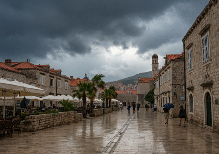 A dramatic, rain-swept street scene in Dubrovnik, Croatia, on the afternoon of August 4, 2025. Dark, changeable storm clouds loom overhead, unleashing a sudden, intense downpour with visible heavy rain and hints of distant lightning. Strong, gusty winds whip through the ancient city's narrow cobblestone streets, bending palm trees and making pedestrians struggle with upturned umbrellas. Rainwater streams along the historic stone architecture, reflecting the leaden sky. A few individuals are seen hurrying for cover, their expressions conveying the surprise and urgency of the abrupt weather change, reflecting the State Hydrometeorological Institute's yellow warning for dangerous conditions.