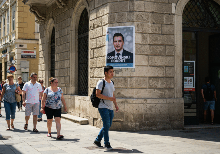 A bright, late summer afternoon in Zagreb, Croatia. On a busy sidewalk in the city center, a young man of Asian descent, dressed in casual clothing, walks past a historic building. His expression is thoughtful as he navigates the urban environment. On the stone facade of the building behind him, a large political poster of the 'Domovinski pokret' (Homeland Movement) party is visible, featuring its distinct visual branding but no visible text. Other pedestrians, a mix of locals and foreign workers, move around him, creating a realistic, editorial street scene of daily life and ongoing public discussion on integration.