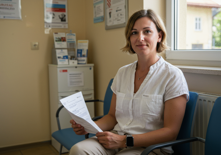 A Croatian citizen, a woman in her late 30s, sits with a calm and hopeful expression in a clean, well-lit waiting area of a public health clinic in a Croatian city. She holds a folded official document in her hands, subtly conveying a sense of improved financial security and simplified administrative procedures, following recent comprehensive changes to healthcare laws in Croatia. Warm summer sunlight streams through a nearby window, casting a gentle glow on the practical, modern interior and hinting at the lively Croatian urban environment outside.
