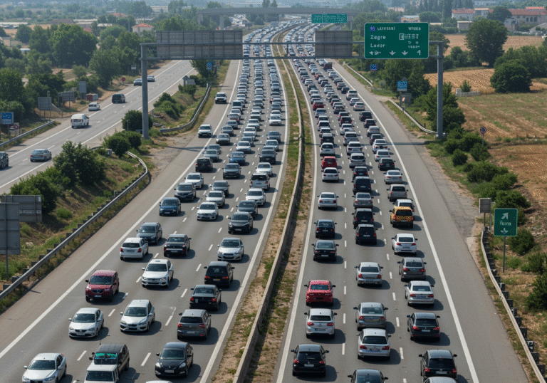 A wide, high-angle view of the Croatian A1 highway during peak summer tourist season. Multiple lanes are completely packed with vehicles, forming long, slow-moving queues stretching into the distance under a bright, hot afternoon sun. Cars are bumper-to-bumper, with drivers waiting patiently or looking frustrated. The modern highway infrastructure is visible, flanked by typical Croatian summer landscape. Distant highway signs indicate directions towards major cities like Zagreb or Zadar. Heat haze shimmers above the asphalt.