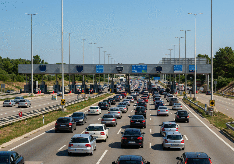 A long queue of cars on a multi-lane Croatian highway approaching a series of toll booths during a clear, sunny summer day. Bright sunlight illuminates the scene, highlighting the specific architecture of the toll plazas and the many vehicles bumper-to-bumper. Drivers and passengers are visible inside some of the cars, indicating holiday or family travel. The atmosphere reflects the immense traffic volume characteristic of a major extended holiday weekend in the peak tourist season on the Croatian highway network.