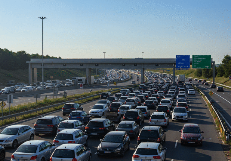 A wide, editorial shot capturing an extremely long queue of cars stretching for kilometers at the Lučko toll station near Zagreb, Croatia, on a bright, sunny summer morning. Multiple lanes are densely packed with various passenger vehicles, bumper-to-bumper, leading towards the toll booths in the southbound direction, clearly indicating the start of a busy extended weekend. The sun is high in a clear blue sky, casting distinct shadows. Drivers and passengers are visible inside their vehicles, some patiently waiting, others looking out their windows, reflecting the slow-moving traffic situation. Croatian highway signage is visible in the background, complementing the authentic scene of a major traffic bottleneck.