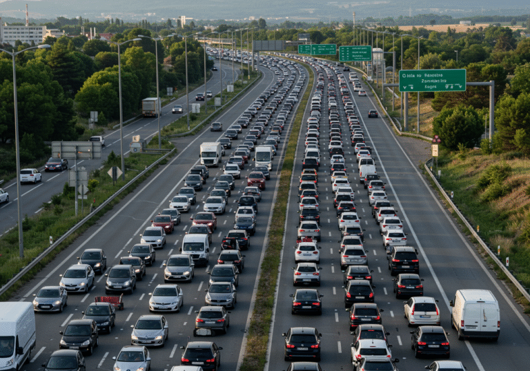 An elevated editorial photograph captures gridlocked traffic on a major Croatian highway, likely the A1 Zagreb-Ploče-Karamatići, during the late afternoon of Sunday, August 17, 2025. Endless columns of passenger vehicles and tourist vans are bumper-to-bumper, stretching for kilometers towards Zagreb, with particularly dense congestion visible at the Lučko and Demerje toll stations. The scene is bathed in the warm, slightly hazy sunlight of a summer day. Distant green hills and the typical Croatian landscape are visible beyond the multi-lane highway. Drivers can be seen through car windows, some exhibiting visible signs of weariness or frustration from the prolonged delays. The atmosphere conveys the immense challenges of peak tourist season travel, with no heavy trucks present due to traffic restrictions.