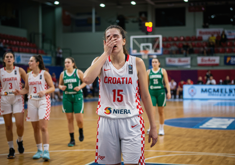 A young Croatian female basketball player, wearing a white and red national team uniform with the checkerboard emblem, wipes sweat from her brow as she looks towards the scoreboard after a play during the bronze medal match against Slovenia. She stands on a polished wooden court in an indoor arena in Slovenia. Her face shows a mix of exhaustion and the weight of the challenging game. Other Croatian teammates in similar uniforms are visible nearby, some with downcast expressions. The bright overhead arena lights highlight the detailed uniforms and the court, with blurred spectators in the background, capturing the atmosphere of the Slovenia Ball tournament on a Sunday afternoon.