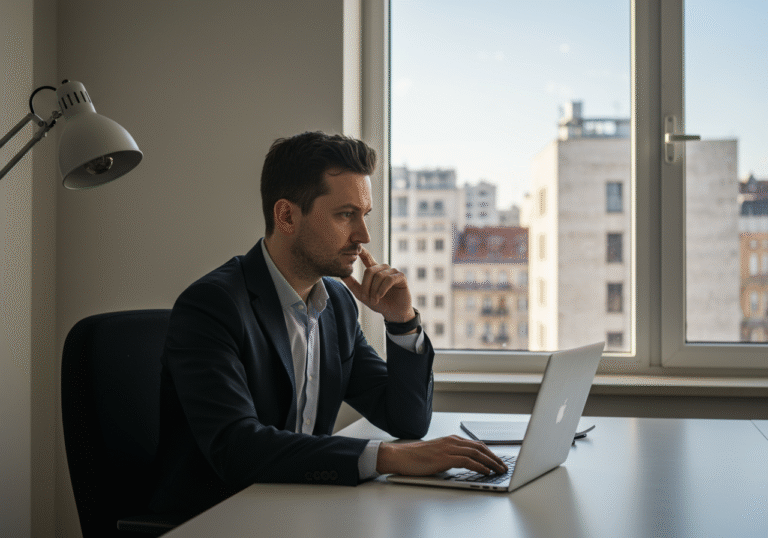 A professional in Croatia in their late 30s, dressed in contemporary business attire, sitting at a modern desk in a brightly lit office in a Croatian city. Sunlight streams through a large window, offering a soft blur of urban architecture in the background. The person is focused on a laptop screen, their expression thoughtful and reflective, embodying the current economic climate of rising wages and evolving labor market dynamics in Croatia in early 2025. The scene conveys a sense of quiet resilience amidst complex economic trends.