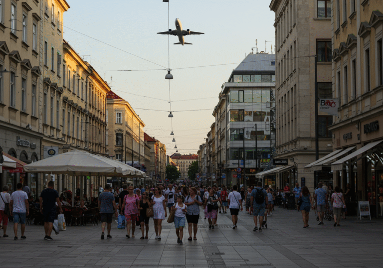 Hrvatske tvrtke s mješovitim financijskim rezultatima u prvoj polovici 2025.: OTP Banka bilježi rast, Kraš i Croatia Airlines pod pritiskom A wide shot of a bustling pedestrian street in Zagreb, Croatia, in the late afternoon summer sun of 2025. People of various ages are seen walking, shopping, and enjoying outdoor cafes, some carrying shopping bags, reflecting strong domestic consumer spending and overall economic optimism. In the background, modern architectural elements, including a sleek bank building, suggest successful financial institutions. Overhead, a Croatia Airlines passenger aircraft is visibly descending towards a nearby airport, its presence subtly contrasting with the vibrant street life, hinting at the national carrier's reported financial losses despite an increase in passenger numbers.