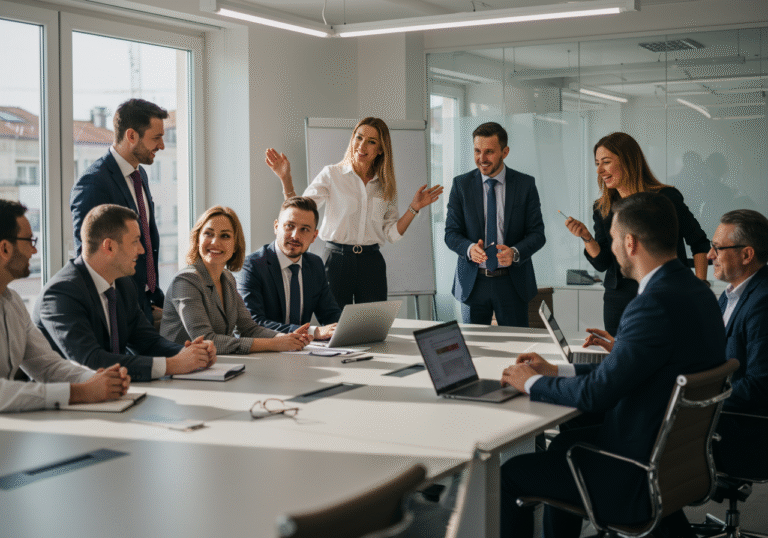A diverse group of Croatian business professionals, dressed in contemporary business attire, gather around a large conference table in a modern, sunlit office space in a Croatian city. They are engaged in an animated, positive discussion, with some smiling and gesturing confidently. The room is sleek and well-appointed, reflecting success and growth. Soft, natural daylight illuminates the scene through large windows, creating an optimistic atmosphere.