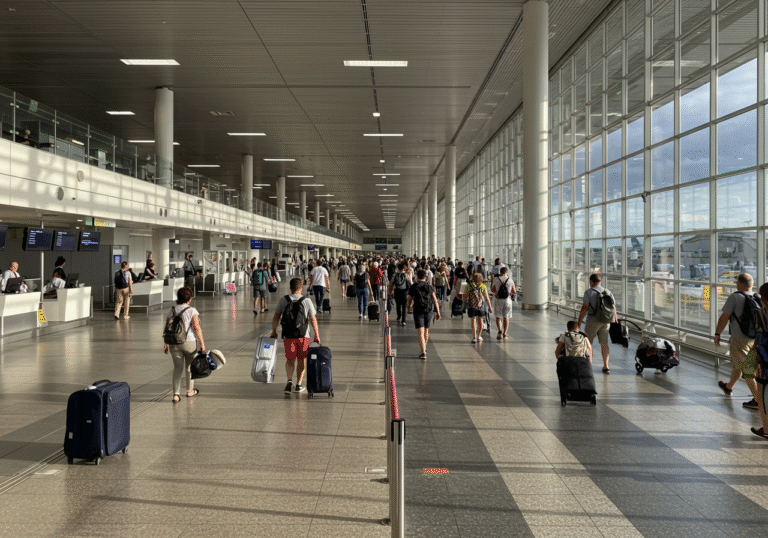 A wide shot of the bustling main terminal concourse at Split Airport, Croatia, on a bright summer day in June 2025. Numerous diverse passengers, many carrying luggage and wearing light summer clothing, move actively through various areas including check-in desks, security lines, and towards departure gates. Sunlight streams through large windows, highlighting the modern architectural elements of the Croatian airport. The scene conveys a lively, high-traffic atmosphere, reflecting significant passenger growth. Subtle signs of airport operations are visible in the background, like distant aircraft through windows or service personnel assisting travelers.