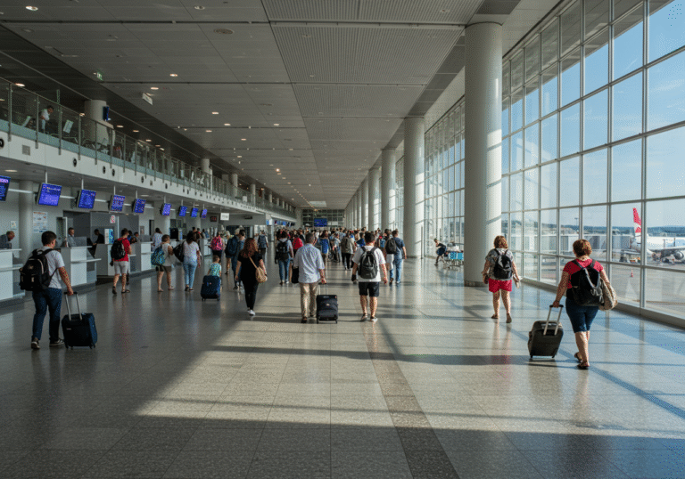 A wide, bright shot inside a bustling modern airport terminal in Croatia on a sunny summer day, showcasing a high volume of diverse passengers moving through concourses. Families, couples, and solo travelers with luggage walk purposefully, some queuing at check-in counters or security checkpoints, others heading towards departure gates. Natural light floods the spacious hall from large windows, through which multiple commercial aircraft are visible on the tarmac under a clear blue sky. The scene is vibrant and active, reflecting increased air traffic and the thriving Croatian tourism industry.