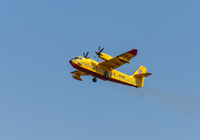 A Croatian Canadair CL-415 firefighting aircraft, featuring the distinct Croatian Air Force livery, ascends into a clear sky shortly after takeoff from the Pukovnik Mirko Vukušić military base in Zemunik, Croatia. The morning sun, around 9:00 AM, casts sharp details on the aircraft as it begins its urgent mission towards Albania to combat large wildfires. The scene conveys a sense of operational readiness and professional precision.