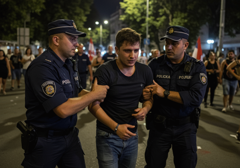 A 23-year-old Croatian man is being firmly apprehended by two Serbian police officers in dark blue uniforms on a Belgrade city street. It is late on the night of August 14, 2025, with streetlights casting long shadows over the scene. The man's face shows a serious, perhaps defiant, expression as he is held. In the background, muted lights and blurred shapes suggest a chaotic urban protest, hinting at recent confrontations between demonstrators and security forces in Serbia. The police officers are focused and professional, their uniforms clearly visible.