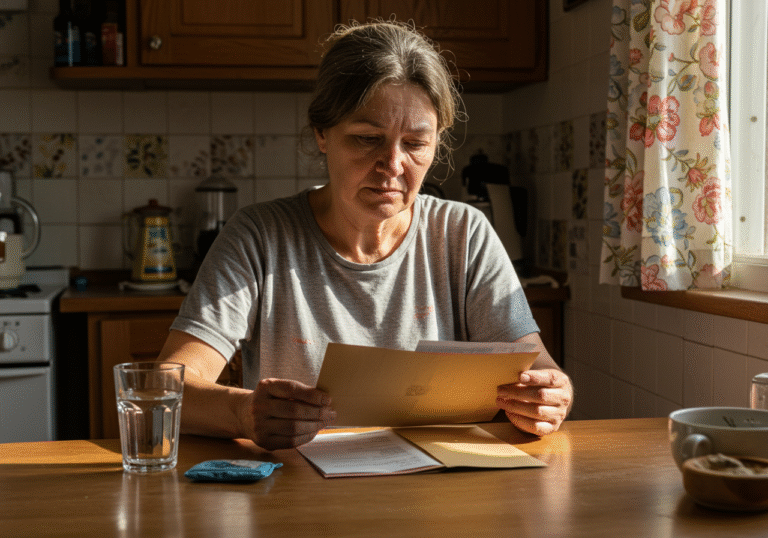 A Croatian woman in her mid-50s, dressed in simple, comfortable clothing, sits at a kitchen table in a sunlit, modest Croatian home. She is looking intently at an open envelope with a bill or a financial document in her hands, her brow furrowed in a subtle expression of concern and contemplation. A glass of water and some everyday items are on the table. The scene is quiet, with natural light from a window.