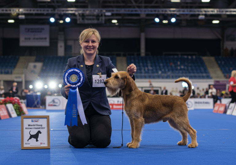 A proud dog handler, Iva Raić from Croatia, kneels beside Meghan, her champion Petit Basset Griffon Vendéen female dog, on a brightly lit winner's stage at the World Dog Show FCI 2025 in Helsinki, Finland. Meghan, with her distinctive shaggy coat, long ears, and intelligent eyes, is elegantly poised, wearing a 'Best in Show' ribbon around her neck. Iva gently holds a prestigious trophy, her face beaming with joy and a sense of historic achievement. Bright stage spotlights illuminate the pair, casting a glow on the dog's features and the polished trophy. In the soft-focus background, the grand, modern interior of a bustling exhibition arena with a distant audience is subtly visible, capturing the peak of a major international event.
