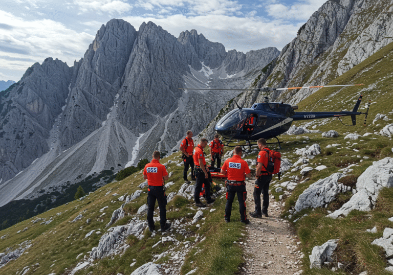 Mid-afternoon light illuminates a rugged alpine trail in the Slovenian mountains, near the path to Veliki Vrh. Several professional Slovenian Gorska služba spašavanja (GSS) rescuers in their distinctive uniforms are gathered on the rocky terrain, their expressions somber. A GSS helicopter, likely from Brnik, is visible, possibly on the ground or in the air, and a Slovenian army helicopter is also present or preparing for departure. The surrounding landscape features steep, imposing mountain peaks under a summer sky with scattered clouds, conveying a sense of solemnity and the aftermath of a serious mountain incident.