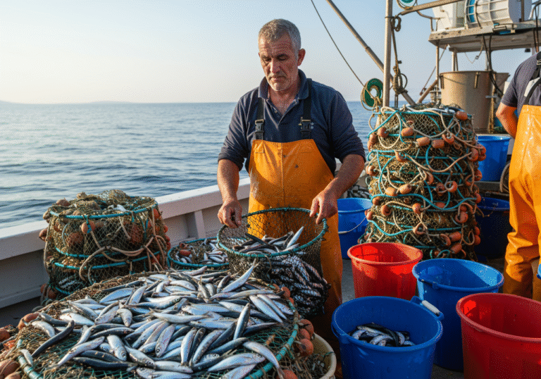 A weathered Croatian fisherman, wearing work overalls, stands on the deck of a sardine fishing boat in the open Adriatic Sea, sorting a recent catch. The fish in the net and buckets are noticeably smaller sardines and anchovies. Bright, natural daylight illuminates the scene, highlighting the subtle blue and silver scales of the fish. Fishing nets and equipment are neatly stacked around him. In the background, the vast expanse of the Adriatic Sea stretches to the horizon under a clear sky. His expression is focused and experienced, reflecting years of working with the sea.