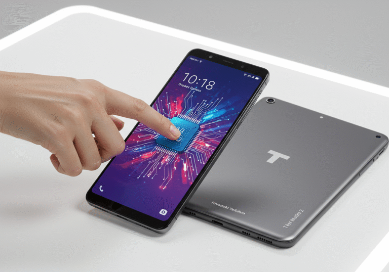 A close-up, editorial-style shot of a hand gently touching the screen of a new T Phone 3, held alongside a T Tablet 2, both from Hrvatski Telekom. The T Phone 3 screen displays a vibrant, abstract visual representing advanced AI processing, while the T Tablet 2 is positioned to subtly showcase its recycled material back panel. The setting is a bright, modern technology showroom in Croatia, with professional, soft lighting highlighting the sleek design and innovative features of the devices, emphasizing their focus on artificial intelligence and sustainability.