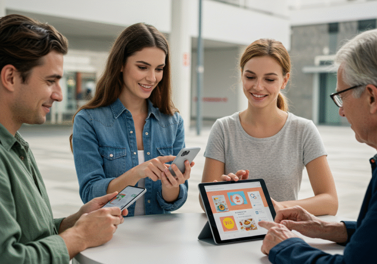 A diverse group of people, including young adults and an older individual, are engaged with the newly launched T Phone 3 and T Tablet 2 in a bright, contemporary public space in Croatia. One person holds the sleek T Phone 3, pointing it subtly at an object, their expression indicating active use of a visual AI search feature. Nearby, another individual is engrossed in the T Tablet 2, its screen displaying a vibrant interface suggesting a detailed problem solution or a creative recipe idea. The scene is illuminated by natural daylight, reflecting a forward-looking and accessible technological environment. Hints of modern Croatian urban design or architecture are visible in the soft background, emphasizing the local impact of Hrvatski Telekom's innovation.