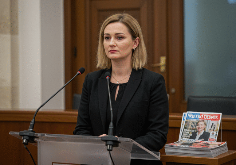A resolute Croatian woman, possibly a representative from Udruga Adela, stands at a press conference podium in a modern Croatian indoor setting. She has a serious and concerned expression. A microphone is positioned in front of her. On the podium or a table nearby, a small stack of the latest 'Hrvatski tjednik' (Croatian Weekly) magazines is visible, their covers generic to avoid specific text. The room is brightly lit, with a formal backdrop, suggesting a public announcement regarding media controversy. The overall mood is one of condemnation and societal concern.