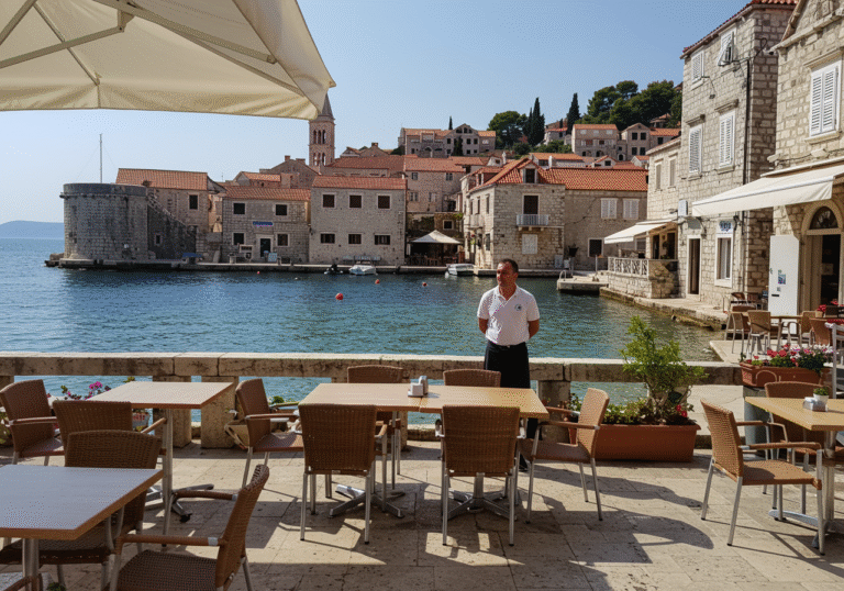 A bright, sunny afternoon in a historic Croatian coastal town on the Adriatic Sea. Outdoor cafes along a pedestrian promenade are visibly quieter than typical for late spring, with several empty tables. A local waiter stands near an unoccupied table, looking out with a slightly pensive expression. The clear blue sea sparkles in the background, framed by traditional stone buildings and red-tiled roofs under a clear sky.