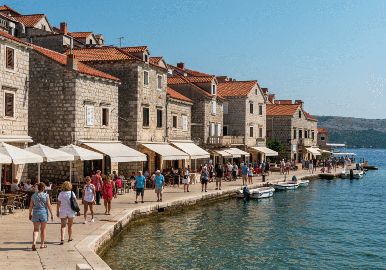 A mid-day scene in July 2025, capturing a bustling promenade in a historic Croatian coastal town, likely in Split-Dalmatia County or Istria. Tourists in summer attire are walking along the waterfront, some admiring the clear Adriatic Sea, others at outdoor cafes or browsing local shops. Traditional stone buildings with red-tiled roofs line the promenade under bright summer sunlight, casting clear shadows. The atmosphere is vibrant, reflecting a typical July tourist season, with people enjoying the coastal scenery. Small boats are visible on the calm, blue water near the shore.