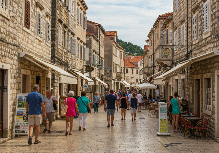 A mid-shot of a bustling yet not overcrowded stone pedestrian street in a picturesque coastal town in Split-Dalmatia County, Croatia, on a bright July day. Traditional Croatian private accommodation buildings with colorful shutters line the street. A mix of international and domestic tourists, dressed in casual summer attire, stroll along, some pausing to look at shops or sit at outdoor cafe terraces. The scene feels active but subtly reflects a moderate decrease in peak summer numbers, with warm natural light enhancing the historic architecture and the vibrant but unhurried atmosphere.