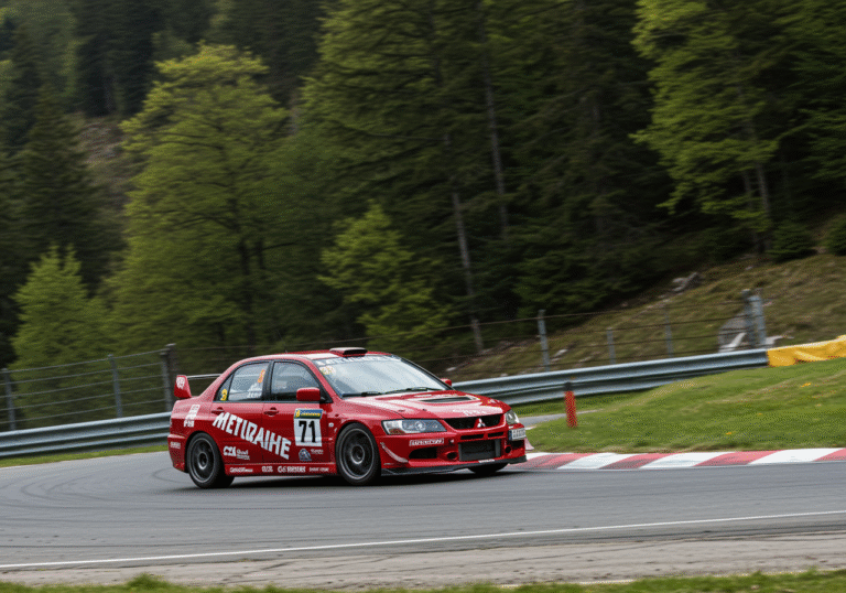A high-performance Mitsubishi Lancer Evo IX race car captured in dynamic motion, ascending a steep, winding section of the St. Ursanne-Les Rangiers track in Switzerland. The car is mid-turn on the asphalt road, showcasing intense speed and agility. In the background, dense, green forest covers the challenging mountain slopes. Natural, bright daylight illuminates the scene, highlighting the details of the vehicle and the demanding environment.