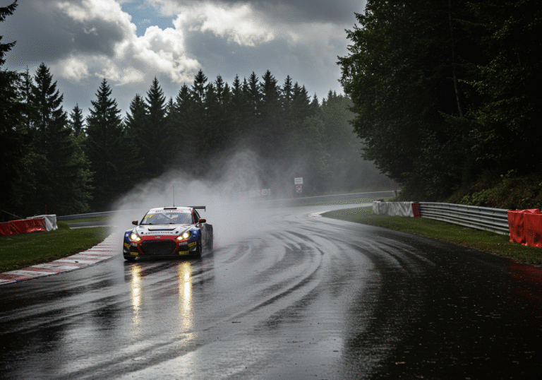 A high-performance race car, driven by Domagoj Pereković, skidding off the wet asphalt of the Hilter - Borgloh track during a European Hill Climb Championship race in Osnabrück, Germany. The scene is marked by a sudden, heavy downpour on a track that was previously dry, with visible streaks of water and reflections on the dark surface. The car's dry-weather tires are struggling with the sudden wet conditions. The surrounding environment features dense trees lining the winding hill climb route, under a dramatic, overcast sky where patches of sunlight attempt to break through, creating a challenging, dynamic daylight atmosphere.