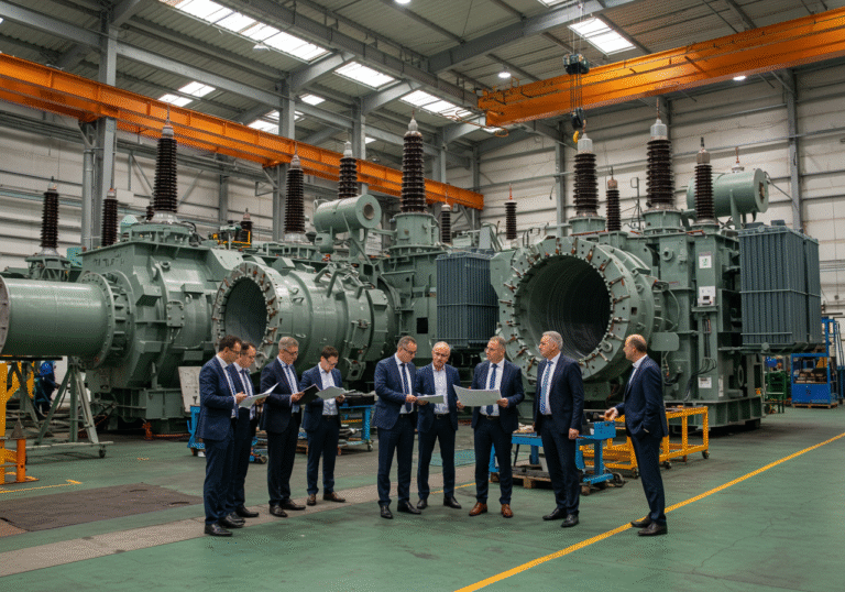 An editorial-style photograph inside a vast, modern industrial manufacturing plant in Zagreb, Croatia. Large, partially assembled high-voltage power transformers dominate the foreground, with heavy machinery and specialized tools visible in the background. A group of engineers and business professionals, dressed in a mix of suits and professional workwear, are clustered together, intently reviewing technical schematics or discussing operations next to a massive transformer. Bright, natural light illuminates the clean, organized facility, emphasizing the scale and precision of the work. The scene conveys significant industrial investment and high-tech production within the Croatian energy sector.