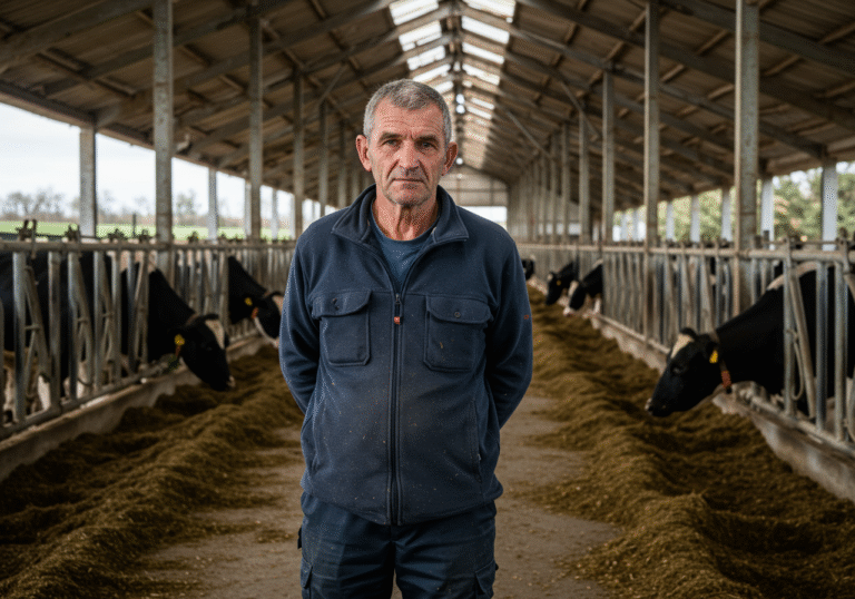 A weathered, middle-aged Croatian dairy farmer stands thoughtfully inside a quiet, partially empty cow barn on his rural farm. Some of the stalls are clearly vacant, with only a few cows visible in the background, hinting at reduced production. The farmer's expression is one of weariness and concern, reflecting the economic struggles and decline in the Croatian dairy industry. Natural daylight filters in from barn windows, casting a soft, slightly melancholic light on the scene.