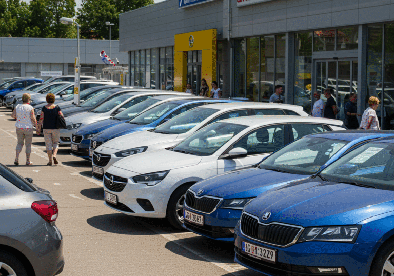 A wide, sunlit view of a bustling modern car dealership in Croatia on a bright July afternoon. Rows of pristine new passenger vehicles, including a prominent white Opel Corsa and a blue Skoda Octavia, are displayed on a paved outdoor lot. Several Croatian customers, dressed in light summer attire, are actively browsing the cars, some opening doors to inspect interiors or talking with sales representatives. The scene is vibrant, with natural daylight highlighting the reflective surfaces of the automobiles, conveying a sense of strong market activity and growth.