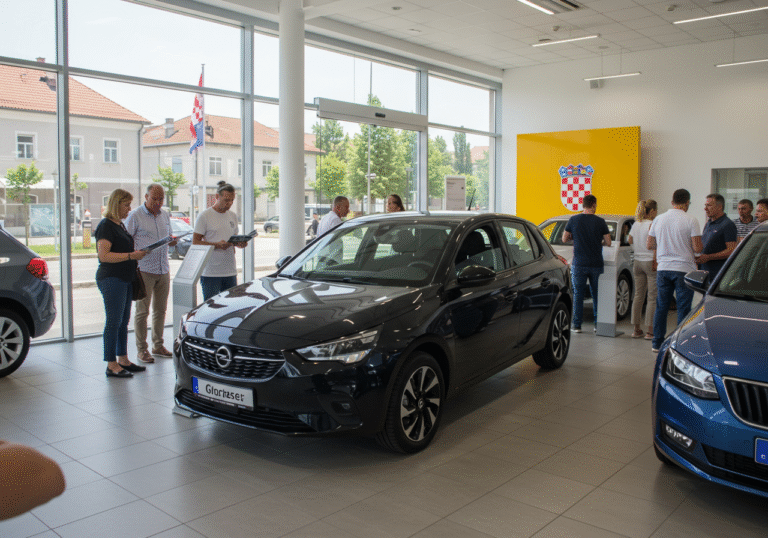 A modern car showroom in a bustling Croatian city, sunlight streaming through large windows onto a sleek, new black Opel Corsa prominently displayed. Nearby, other new vehicles like a silver Skoda Octavia and a blue Volkswagen Golf are also on the sales floor. Several customers, dressed in smart casual clothing, are actively engaging with salespeople, some leaning into car interiors, others reviewing brochures. A Croatian flag is visible outside the dealership entrance in the background, under a clear summer sky. The scene conveys a strong sense of activity and successful sales.