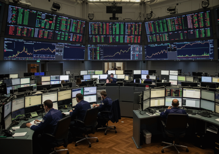 A wide, editorial shot capturing the bustling yet focused atmosphere of the modern trading floor at the Zagreb Stock Exchange in Croatia, late on a Monday afternoon. Professional stockbrokers and financial analysts, dressed in business attire, are seated at their workstations, intently observing multiple large digital display screens. The screens visually depict abstract, colorful graphs and dynamic data flows, predominantly showing upward trends and positive market movements for various company stocks, particularly indicating strong performance for select equities without any discernible text or company names. The lighting is bright and professional, suggesting a productive close to the trading day, with a subtle sense of measured optimism among the traders.