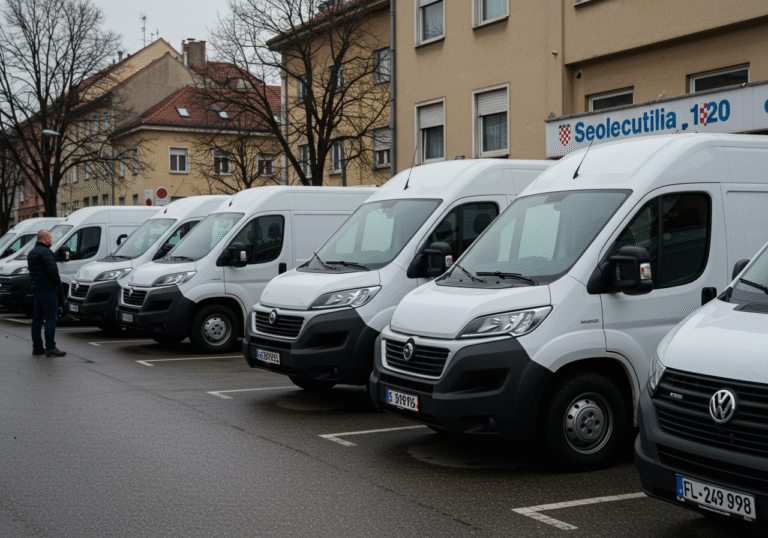 A quiet, overcast afternoon at a commercial vehicle dealership lot or a street lined with vehicle sales offices in Zagreb, Croatia. Several new, modern white light commercial vans, under 3.5 tons, are parked, appearing largely untouched. A single Croatian man or woman, dressed in professional but practical attire, possibly a business owner or dealership manager, stands near one of the vans, gazing at the fleet with a pensive, concerned expression, reflecting the challenging economic context and slow sales. The background shows typical Croatian urban architecture.