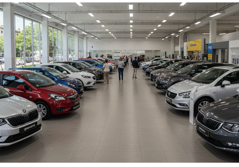 A brightly lit, spacious modern car showroom in a Croatian urban setting during a summer day. Rows of brand new vehicles, including prominent displays of Opel, Skoda, and Volkswagen models like the Opel Corsa, Opel Mokka, and Skoda Octavia, are seen. Several people are moving through the showroom, some looking closely at cars, while others stand near newly sold vehicles or in conversation, reflecting a bustling atmosphere of new car sales in Croatia.